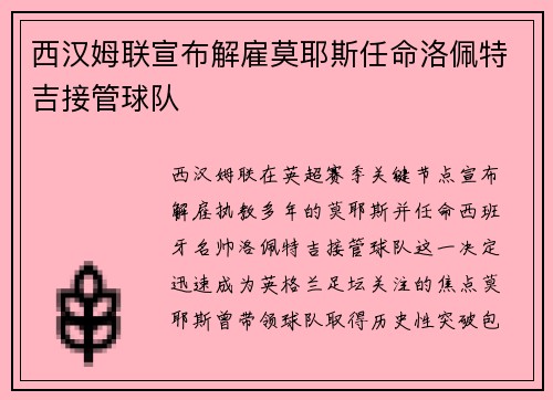 西汉姆联宣布解雇莫耶斯任命洛佩特吉接管球队 西汉姆联宣布解雇莫耶斯任命洛佩特吉接管球队